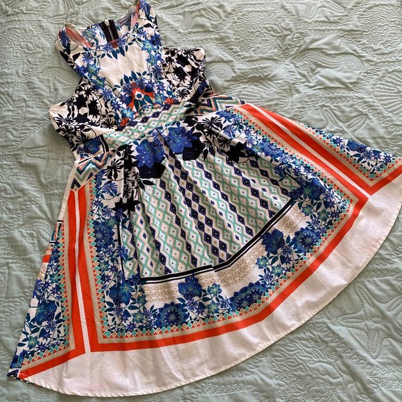 BAILEY BLUE PRINT DRESS SIZE MEDIUM - Picture 1 of 5